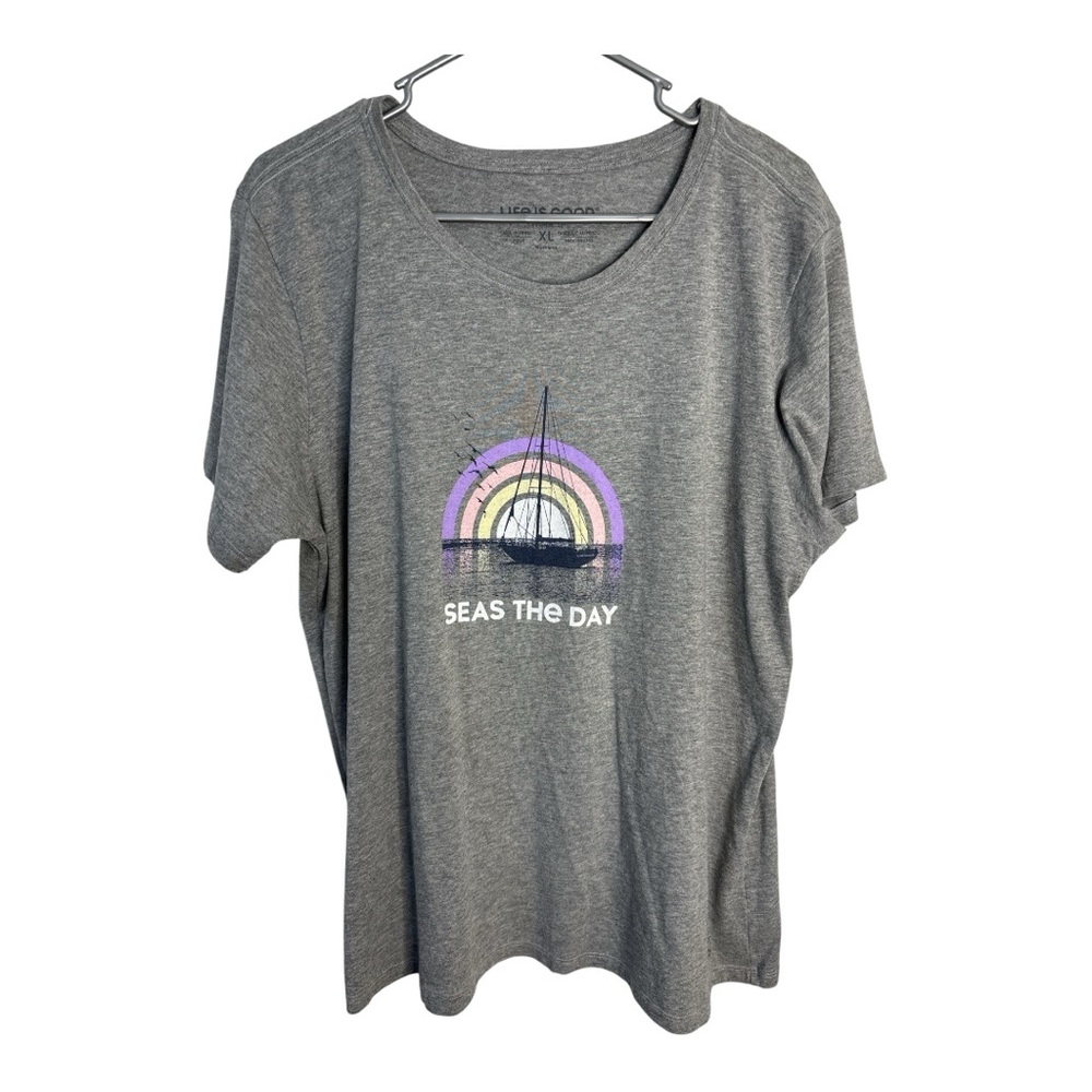 Life Is Good Women’s Gray Tee w/ Seas The Day Sailboat Nautical Graphic Size XL